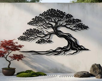 Metal Bonsai Tree Wall Decor, Zen Inspired Garden Art, Minimalist Outdoor Wall Hanging