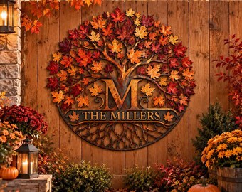 Personalized Fall Metal Wreath, Custom Family Name Monogram Sign, Autumn Leaf Front Door Decor, Harvest Porch Wall