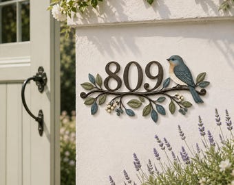 Personalized House Number Sign, Bird and Branch Address Plaque, Custom Metal Home Number, Outdoor Garden Wall Decor, Porch Accent