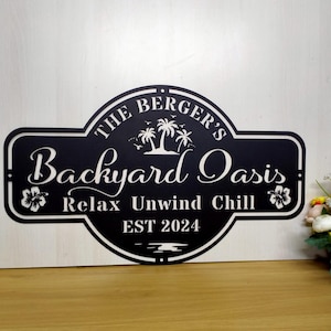 Personalized Backyard Oasis Metal Wall Art,Custom Welcome Poolside Oasis Metal Sign,Poolside Patio Decor,Patio Sign Backyard Decor,Pool Sign