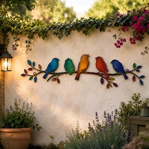 Puede incluir: Una pieza de arte mural de metal que muestra cinco pájaros coloridos posados en una rama con hojas. Los pájaros son de color azul, verde, amarillo, rojo y azul, dispuestos horizontalmente. La rama incluye pequeñas hojas multicolores.