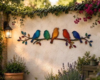 Colorful Bird Branch Metal Wall Art, Garden Bird Silhouette Sign With Leaves, Outdoor Patio Decor Gift