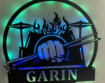 Personalized Drumsticks Metal Sign Wall Art LED Lights, Drummer Metal Name Signs, Musical Instrument Metal Wall Decor, Drums Set Metal Wall