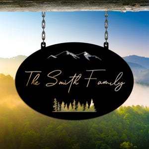 Letrero de cabaña de montaña personalizado, nombre familiar personalizado de metal, letrero de bosque y montaña, regalo para la familia, decoración del hogar, pared de montaña, regalo para mamá