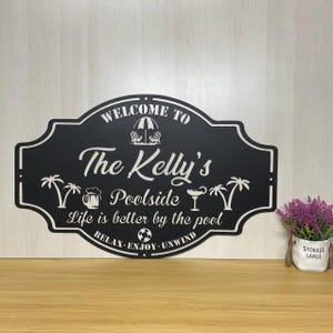 May include: Black metal sign with white text that reads "Welcome to The Kelly's Poolside Life is better by the pool Relax-Enjoy-Unwind". The sign features a palm tree, a beer mug, a cocktail glass, and a beach umbrella.