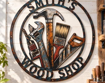 Personalized Woodshop Sign, Custom Metal Workshop Decor, Carpenter Gift, Woodworker Wall Art, Garage Tool Sign
