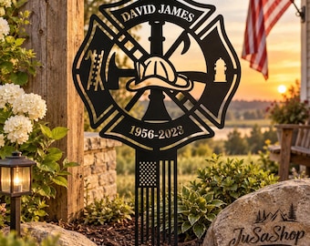 Personalized Fireman Memorial Stake, Custom Firefighter Metal Yard Sign, Outdoor Remembrance Garden Decor