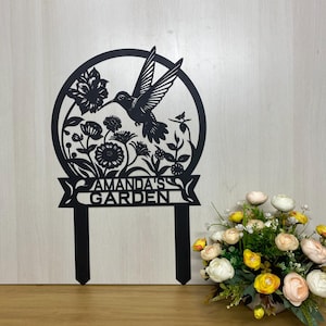 Custom Hummingbird Metal Art Garden Sign With Stake, Hummingbird Garden Metal Sign, Flowers Hummingbird Sign, Garden Decor Metal Yard Sign