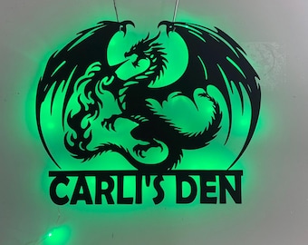 Personalized Dragon Metal Wall Art LED Lights, Custom Fire Dragon Metal Name Sign, Mythology Dragon Metal Wall Decor Home Decor Gift for him