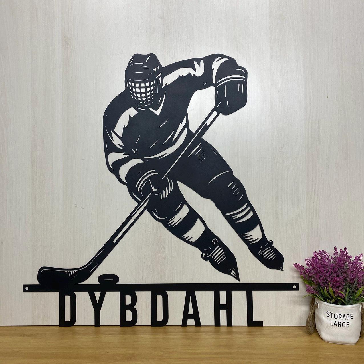Art mural en métal personnalisé joueur de hockey, nom de joueur de hockey sur glace personnalisé, cadeau pour amateur de hockey, décoration de chambre d'enfant, cadeau pour lui