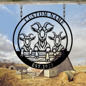 Placa personalizada para fazenda de cabras, placa de metal para família de cabras, decoração para cabras de curral, placa de metal personalizada para fazenda com 3 cabras, placas para animais de celeiro, presente de decoração para cabras