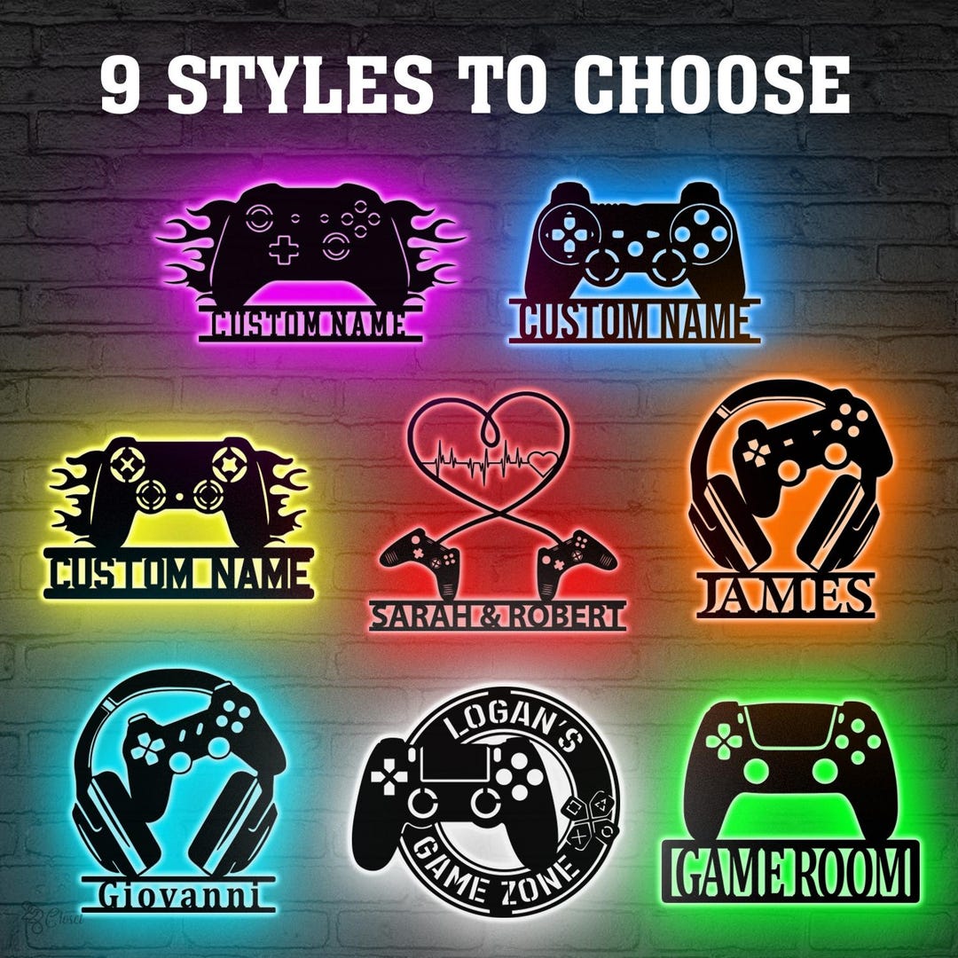 Gamer Name Sign Game Controller Metal Wall Art Led Light, Gamer Name Sign, Game Room ...