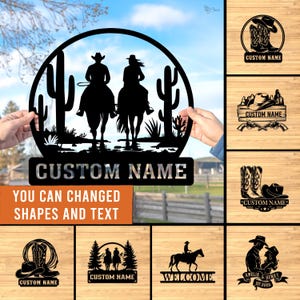Custom Cowboy Couple Metal Sign, Personalized Western Ranch Wall, Gift for couple, Cowboy and Cowgirl Sign, Western Horseback Metal,Dad Gift