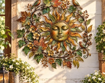 Botanical Sun Wall Decor, Metal Garden Art, Rustic Sun Face Wall Hanging, Bird and Leaf Outdoor Home Decor