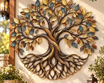 Metal Tree of Life Wall Art, Large Rustic Tree Wall Decor, Bronze Gold Leaf Sculpture, Nature Wall Hanging for Living Room