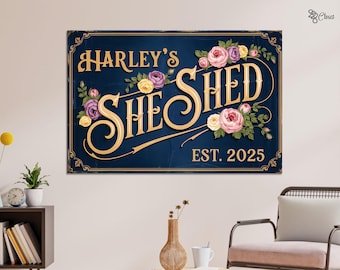 Personalized She Shed Sign Metal| Garden Shed Rustic Wall Art | Custom She Shed Floral Canvas Wall Art | She Shed Wall Decor, Gift for mom