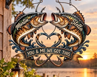 Personalized Fishing Couple Sign, Custom Names Bass Metal Wall Art, Fisherman Anniversary Gift, Lake House Decor