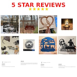 May include: A collage of custom metal signs featuring various laser-cut designs including landscapes, a heart with a bird, a DJ silhouette, and personalised text. The image includes the text 5 STAR REVIEWS and five yellow stars at the top.