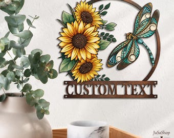 Personalized Dragonfly Metal Sign, Custom Sunflower Wall Art, Floral Garden Decor, Cottage Housewarming Gift
