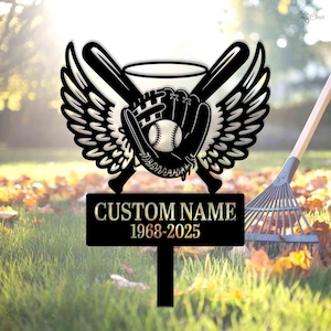 Baseball Memorial Garden Sign, Metal Stake with Wing, Sympathy Gift, Angel Wings Baseball Memorial, Sports memorial sign,Memorial for player