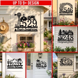 Pode incluir: Sinais de endereço de metal preto com vários designs. Um sinal apresenta um moinho de vento, um trator e o número 529 com "Maple Leaf Farm". Outros sinais incluem números e nomes como "Coastal Retreat" e "Evergreen Grove".