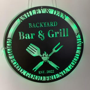 Custom Bar Grill Metal Sign Wall Art With LED Lights, Personalized Patio Backyard Metal Name Signs, Bar & BBQ Grill Poolside Metal Led Sign