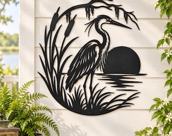 Heron Metal Wall Art, Marsh Bird Decor, Cattail Nature Wall Hanging, Rustic Lake House and Outdoor Porch Decor