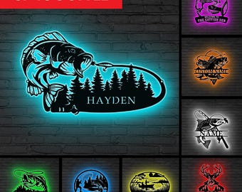 Custom Largemouth Bass Fish Metal Sign Led Lights, Bass Fishing Name Sign, Fish Pole Decor, Lake House Decor Fishing Wall Art, Dad Gift