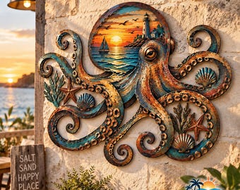 Nautical Octopus Metal Wall Decor, Coastal Lighthouse Art, Seashell Ocean Wall Hanging, Beach House Home Decor