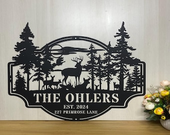 Personalized Forest Deer Metal Sign, Custom Wildlife Deer Metal Wall Art, Deer Ranch Wall Hanging, Mountain Deer Farm Sign,Family Name Sign