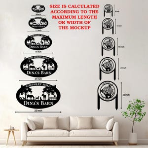 May include: A collection of black metal signs in oval and circular shapes with farm and garden motifs. The text reads 8710 FOLEY ROAD, DINA'S BARN, and WELCOME TO MY SEED GARDEN. Sizes range from 8 inches to 32 inches as indicated by labels.