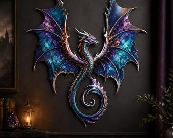 Fantasy Dragon Metal Wall Decor, Colorful Winged Dragon Art, Gothic Medieval Wall Sculpture, Mythical Creature Gift