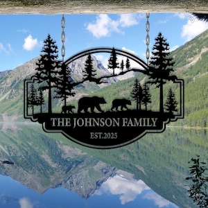 Personalized Bear Metal Sign, Bear In Woods Cabin Sign, Last Name Signs for Home,Family Name Black Bear Sign, Custom Bear Sign, Gift for dad