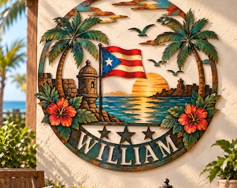 Tropical Puerto Rico Metal Sign, Island Sunset Wall Decor, Hibiscus Palm Tree Art, Coastal Home and Porch Decor