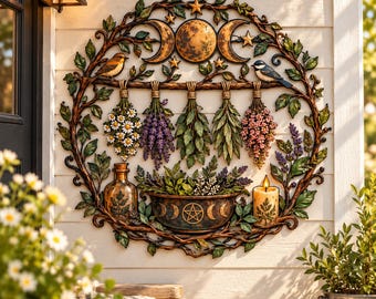 Herbal Moon Metal Wall Art, Botanical Witchy Decor, Hanging Herb Garden Sign, Cottagecore Nature Wall Decor