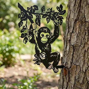 Monkey Metal Garden Art, Hanging Monkey Tree Decor, Outdoor Yard Sculpture, Cute Animal Wall Art, Nature Garden Accent