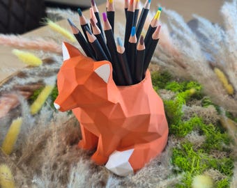 Low Poly Fox Pencil Holder STL 3MF, Multicolor Fox Desk Organizer, 3D Print File, Cute Fox Planter Decor