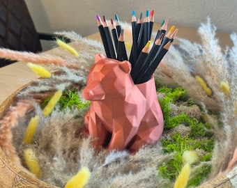 Low Poly Bear Pencil Holder STL 3MF, 3D Print File, Bear Desk Organizer, Cute Animal Decor, Bear Planter