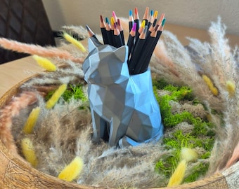 Low Poly Cat Pencil Holder STL 3MF, 3D Print File, Cat Desk Organizer, Cute Animal Decor, Cat Planter