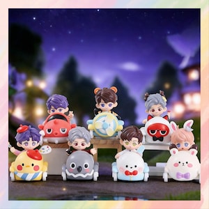 May include: A collection of miniature figurines, each featuring a character with unique hairstyles and outfits, riding in colorful vehicles. The vehicles include a red car, a fan, a koala, a chick, a bunny, and a bear. The background shows a night scene with trees and stars.