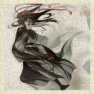 May include: An acrylic standee featuring a character with long black hair and flowing black and gray robes. The character is posed with a hand gesture, and red ribbons are incorporated into the design. The standee is on a white background.