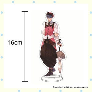 May include: A clear acrylic figure of an anime character, standing 16cm tall. The character wears a pink vest, white shirt, and dark pants, holding a patterned umbrella. The figure is on a clear base. Text at the bottom reads "Physical without watermark".