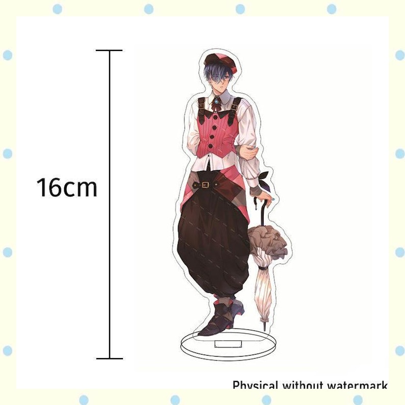 May include: A clear acrylic figure of an anime character, standing 16cm tall. The character wears a pink vest, white shirt, and dark pants, holding a patterned umbrella. The figure is on a clear base. Text at the bottom reads "Physical without watermark".