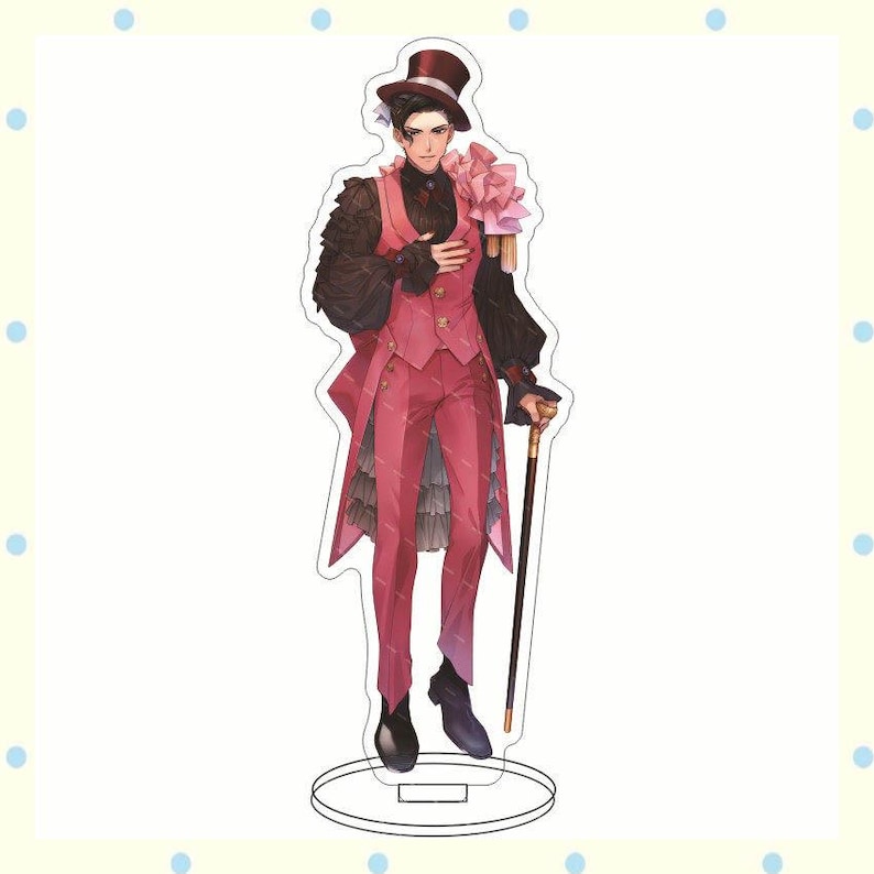 May include: A decorative acrylic figure of a character in a pink suit, black shirt, and top hat, holding a cane and a pink flower. The figure is standing on a clear base, with a detailed illustration of the character's outfit.
