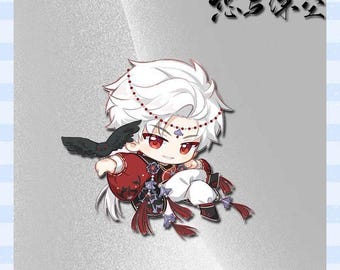 May include: A chibi-style illustration of a character with white hair, red eyes, and a red and black outfit. The character is holding a black bird and is adorned with decorative beads. The background is a gradient of gray.
