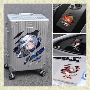 May include: A silver travel suitcase with a large anime-style sticker of a female character with white hair and blue details. Other images show similar stickers on a phone case, car window, and laptop.