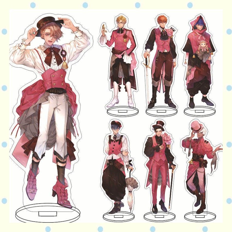 May include: A collection of anime-style character acrylic standees. Each standee features a detailed illustration of a character in a unique outfit, with a color palette of pink, white, black, and brown. The characters are posed on clear circular bases, suitable for display.