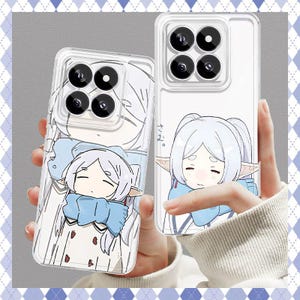 May include: Clear phone cases featuring a cartoon anime character with white hair, blue scarf, and elf-like ears. The cases have a clear background and a design that wraps around the phone. The cases have a camera cutout with four lenses.
