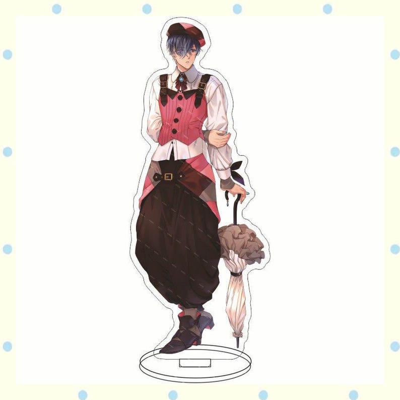 May include: A standing acrylic figure of an anime character. The character wears a pink vest over a white shirt, dark pants, and a matching hat. The figure holds a closed umbrella and stands on a clear circular base.