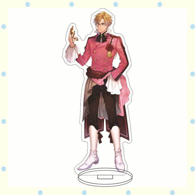 May include: A standing acrylic figure of an anime character in a pink and black outfit. The character has blonde hair, glasses, and is holding a small object. The figure is on a clear base.